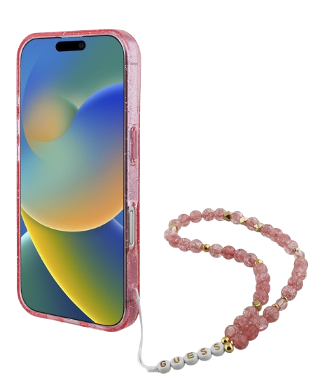 GUESS CARCASA MAGSAFE GLITTER PEARL STRAP IPHONE 16 ROSA
