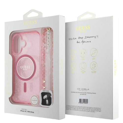 GUESS CARCASA MAGSAFE GLITTER PEARL STRAP IPHONE 16 ROSA