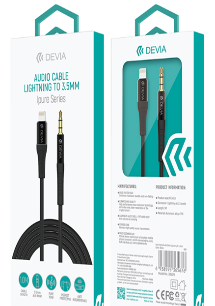 DEVIA cable LIGHTNING - JACK 3.5mm NEGRO