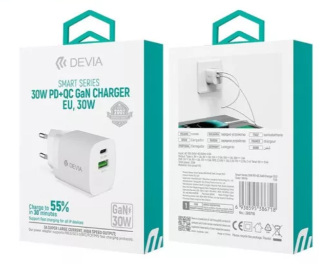 DEVIA cargador 30W SMART PD + QC GAN (EU)