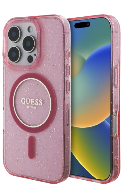 GUESS CARCASA MAGSAFE GLITTER PEARL STRAP IPHONE 16 PRO ROSA