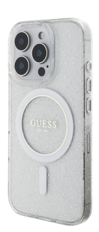 GUESS CARCASA MAGSAFE GLITTER PEARL STRAP IPHONE 16 PRO MAX TRANSPARENTE