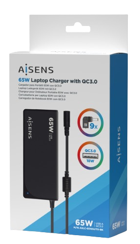 AISENS CARGADOR 65W DE PORTATIL 9 CONECTORES USB-A QC3.0 NEGRO