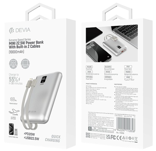 DEVIA BATERIA AUXILIAR MINI 10000mah 22,5W + 2 CABLES PLATA