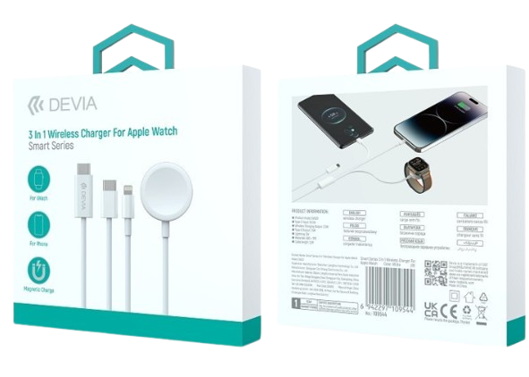 DEVIA CABLE 3 EN 1 USB-C/LIGHTNING/APPLE WATCH BLANCO