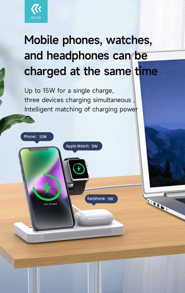 DEVIA cargador induccion apple watch/movil/airpods wireless 3 en 1