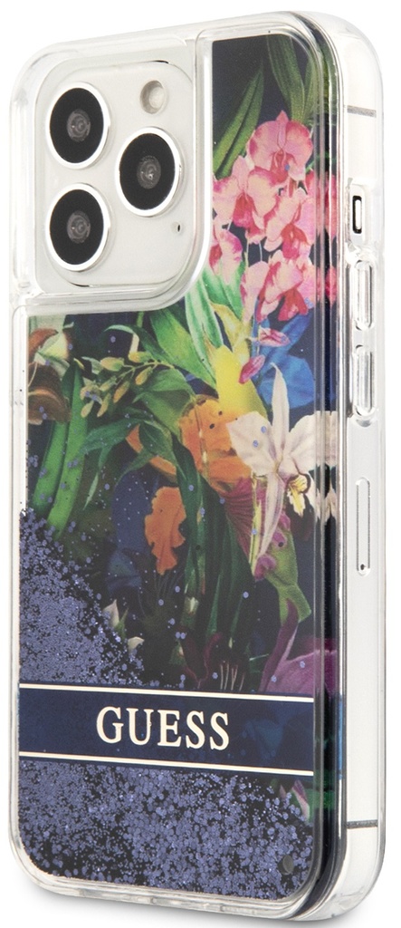 GUESS CARCASA GLITTER FLOWER IPHONE 13 PRO AZUL