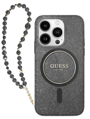 [GUHMP16SHGCRELSK] GUESS CARCASA MAGSAFE GLITTER PEARL STRAP IPHONE 16 NEGRO