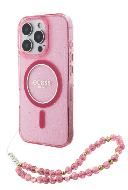 [GUHMP16LHGCRELSF] GUESS CARCASA MAGSAFE GLITTER PEARL STRAP IPHONE 16 PRO ROSA