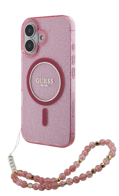 [GUHMP16SHGCRELSF] GUESS CARCASA MAGSAFE GLITTER PEARL STRAP IPHONE 16 ROSA