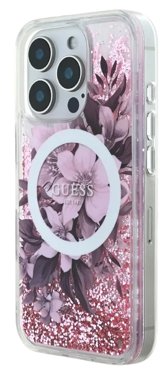 GUESS CARCASA MAGSAFE LIQUID GLITTER FLOWER IPHONE 16 PRO ROSA