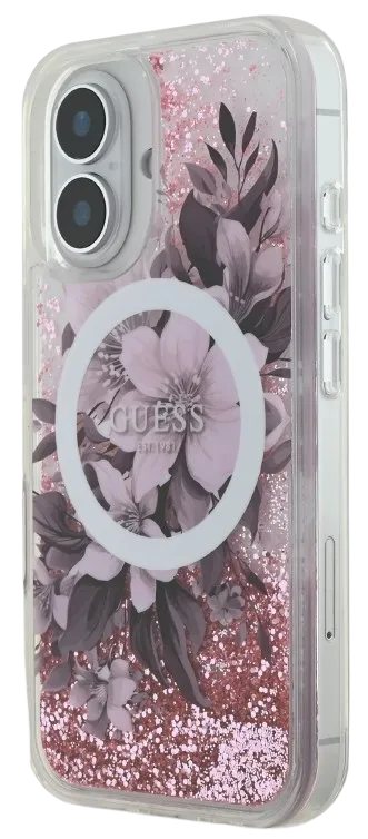 [GUHMP16SLFMWTP] GUESS CARCASA MAGSAFE LIQUID GLITTER FLOWER IPHONE 16 ROSA