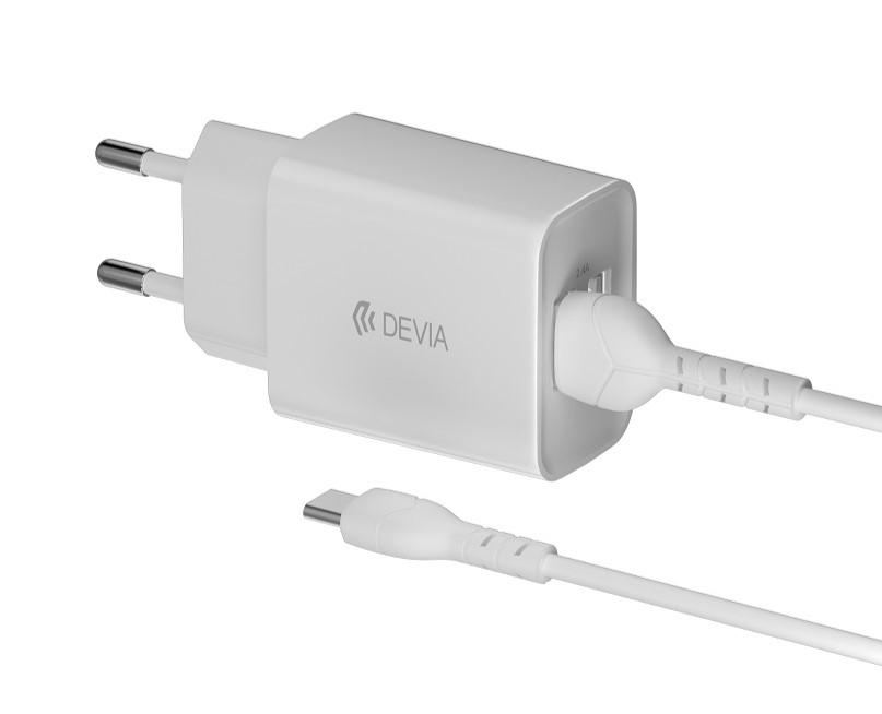 DEVIA CARGADOR DUAL USB 2.4A FAST CHARGE + CABLE TIPO C BLANCO