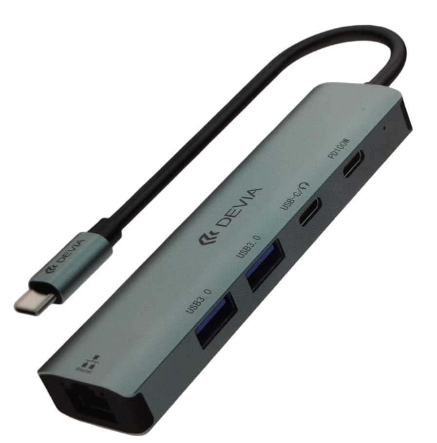 [DSTHL5EN1V2] DEVIA HUB 5 EN 1 TIPO C USBx2/RJ45/PD100W v2 GRIS