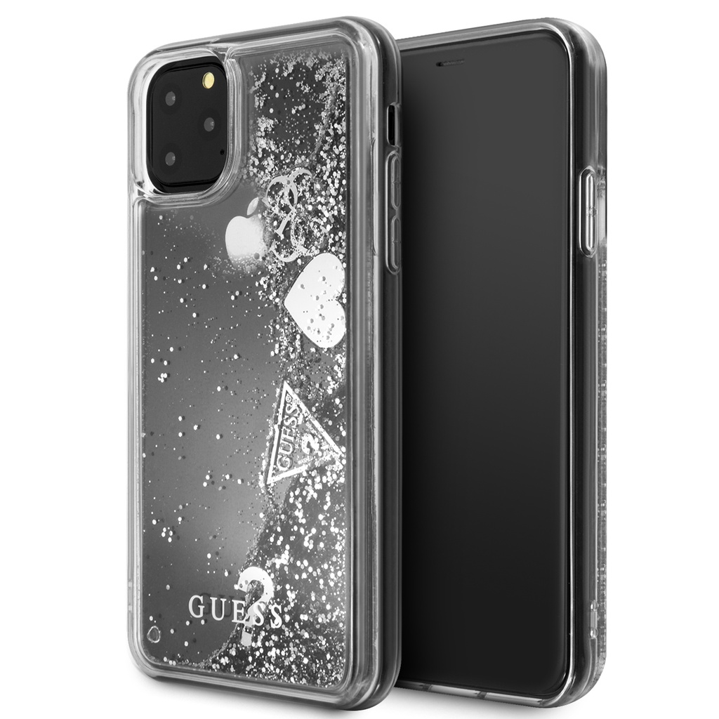 GUESS CARCASA GLITTER HEARTS IPHONE 11 PRO / X / Xs PLATA