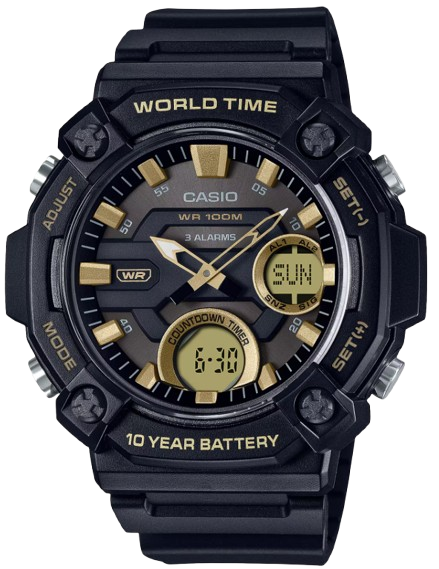 [AEQ120W9A] CASIO RELOJ AEQ-120W-9A NEGRO / ESFERA DORADA
