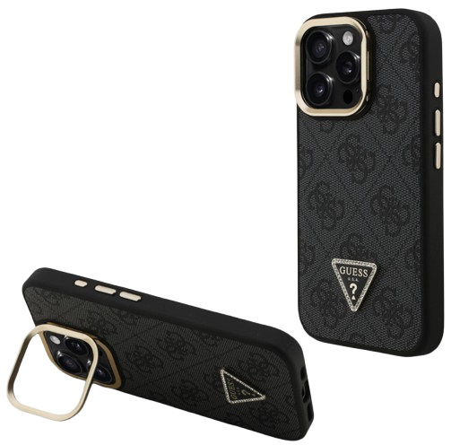 GUESS CARCASA MAGSAFE TRIANGLE 4G SOPORTE CAMARA IPHONE 15 PRO NEGRO