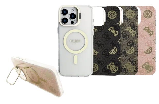 GUESS CARCASA MAGSAFE 4G SOPORTE CAMARA COLORES INTERCAMBIABLES IPHONE 16 PRO MAX ROSA/NEGRO/MARRON