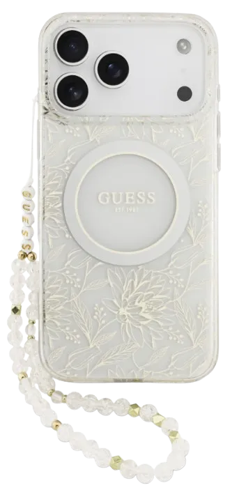 GUESS CARCASA MAGSAFE FLOWERS / CORREA MANO IPHONE 17 PRO MAX BLANCO