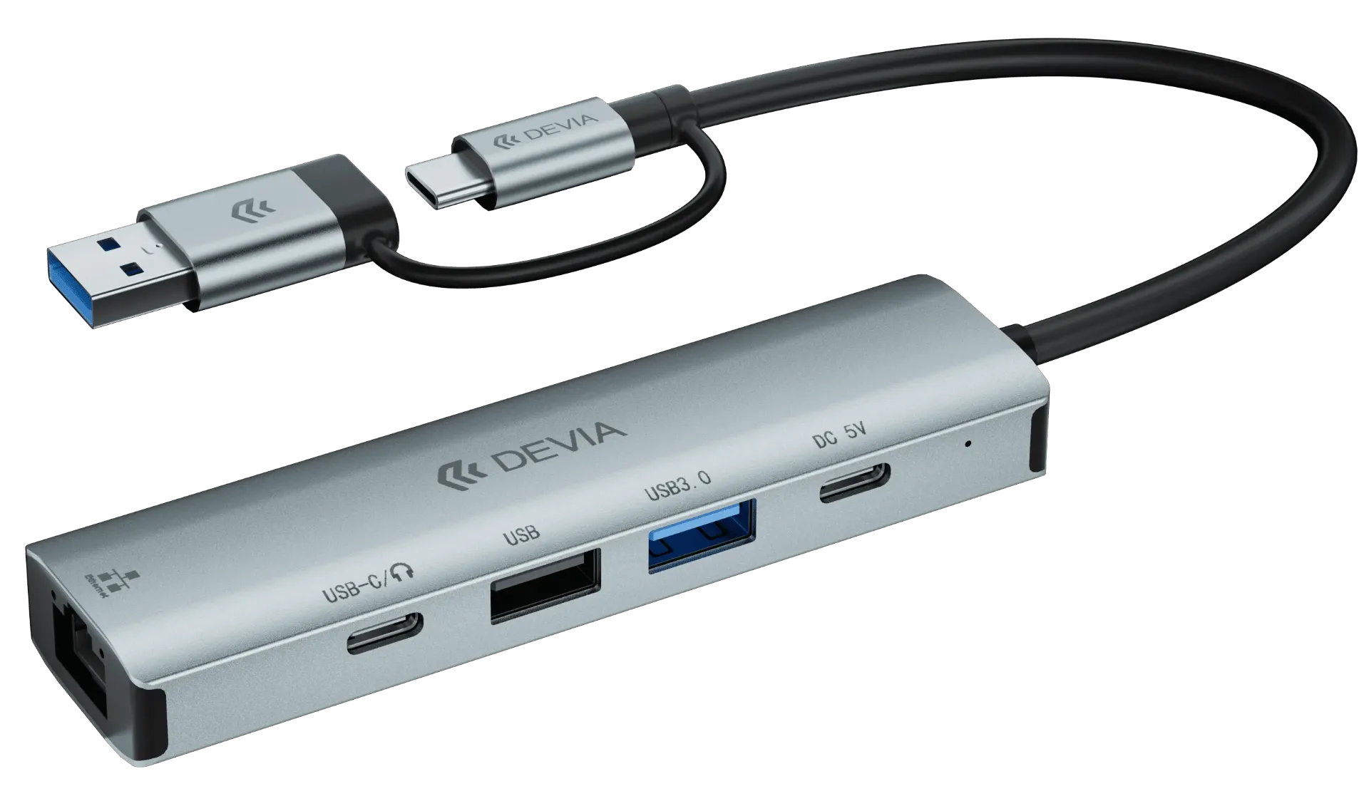 [DSTL5IN1U2C2R] DEVIA HUB DUAL USB+TIPO C 5 EN 1 USBx2/RJ45/USB-Cx2