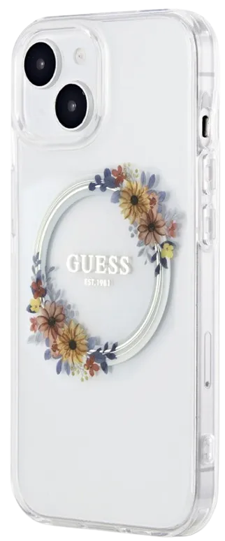 GUESS CARCASA MAGSAFE FLOWERS RING IPHONE 15 PLUS TRANSPARENTE