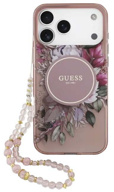GUESS CARCASA MAGSAFE IML FLOWERS / CORREA MANO IPHONE 17 PRO MAX ROSA