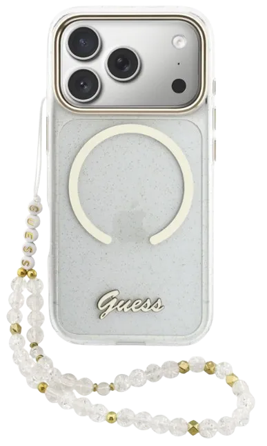 GUESS CARCASA MAGSAFE IML GLITTER SCRIPT/ CORREA MANO IPHONE 17 PRO MAX DORADO