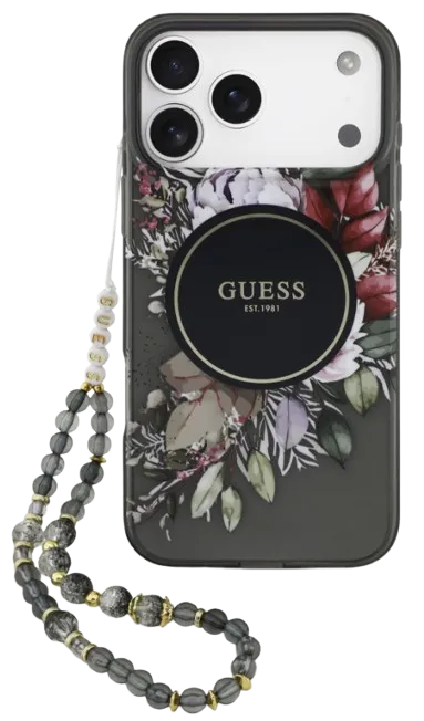 GUESS CARCASA MAGSAFE IML FLOWERS / CORREA MANO IPHONE 17 PRO MAX NEGRO