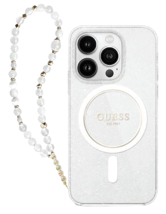 GUESS CARCASA MAGSAFE GLITTER PEARL STRAP IPHONE 16 PRO MAX TRANSPARENTE