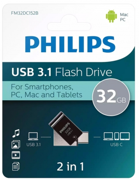 PHILIPS PENDRIVE 2 EN 1 USB + USBc 32GB NEGRO